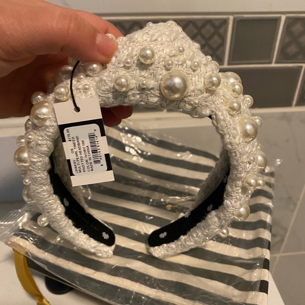 NWT Lele Sadoughi Multi Pearl Tweed Knotted Headband. Ivory.